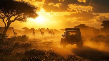 Safari adventure at sunset with giraffes and offroad vehicle in african savanna photo