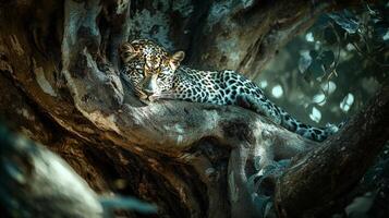 Leopard resting on tree branch in dense forest with sunlight photo