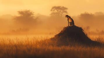 Cheetah on savanna mound at sunset in african landscape photo
