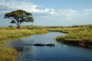 Crocodile in serene african river landscape with acacia tree and grassy plains photo