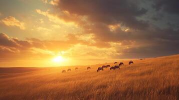 Horses grazing in golden field at sunset under dramatic sky photo