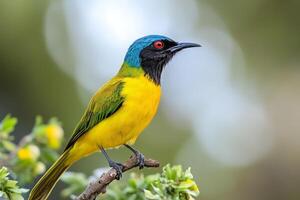 Colorful african bird with vibrant plumage on branch photo