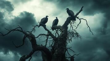 Vultures perched on tree against ominous cloudy sky photo