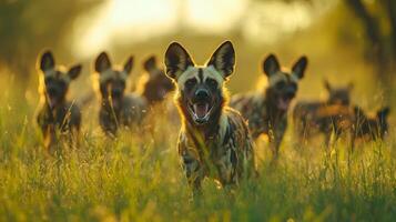 Pack of african wild dogs in sunlit grassland habitat photo