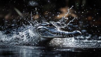 Dynamic alligator splashing in water at nighttime photo