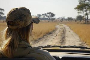 Caucasian woman on african safari adventure in open-top jeep photo