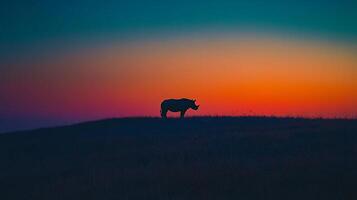 Silhouette of rhino at sunset on grassy hill with vibrant sky photo