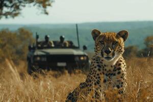 Majestic cheetah resting in savanna with safari vehicle in background photo
