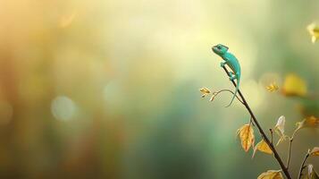 Vibrant chameleon perched on leafy branch in blurred natural background photo