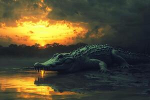 Majestic alligator at sunset by lake with dramatic sky and reflections photo