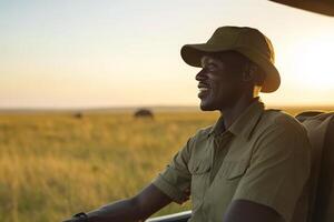 African young male safari guide enjoying sunset in savanna landscape photo