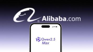 Jashore, Bangladesh- 09 Apr 2025- Qwen 2.5 Max AI Logo Displayed on Smartphone with Alibaba Branding in the Background photo