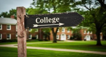 Rustic Wooden College Direction Sign on University Campus photo