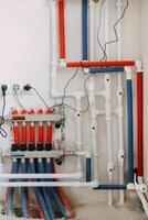 Detailed view of an intricate heating system setup featuring red and blue color-coded pipes, valves, and gauges. Connection diagram of gas boiler with underfloor heating photo