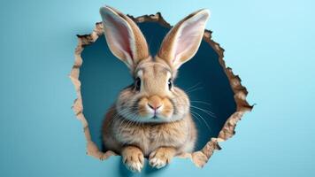 cute rabbit looking out from hole in torn paper, with a soft blue background providing a striking contrast. The image conveys curiosity, innocence, and whimsy in an artistic composition. photo