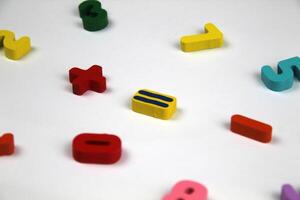 Plus, equal, minus - mathematical signs surrounded by numbers. Concept of teaching simple mathematics to children photo