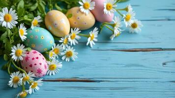 Decorated Easter egg placed among fresh daisies on a bright wooden surface, evoking the festive and cheerful spirit of spring with vibrant colors and natural elements photo