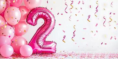 Festive setup for second birthday with pink balloons, confetti, and a number 2 balloon. photo