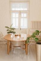 Cozy dining setting featuring round wooden table surrounded by transparent chairs, complemented by lush green potted plants, creating a warm and inviting interior atmosphere. photo