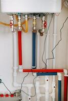Installation of gas boiler with colored pipes equipped with valves and connectors for efficient supply of hot and cold water in the residential water supply photo