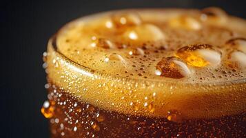 A close-up of frothy beer in a tall glass with condensation on the surface photo