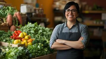 small grocery store owner in apron standing near fresh produce section, smiling, wide view photo