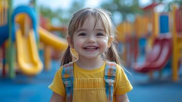 Excited kids playing near slides and monkey bars with cheerful expressions photo