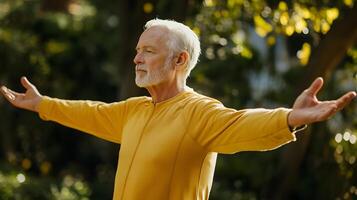 Senior man in comfortable outfit practicing breathing exercise and core stretch photo