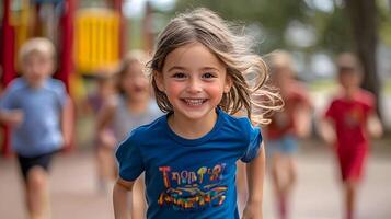 Excited kids sprinting through the park near slides and climbing frames photo