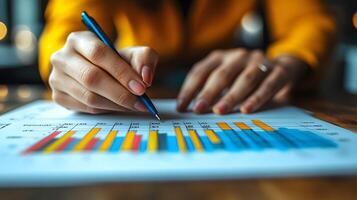 Close-up of hands marking important data points on advertising performance sheets photo