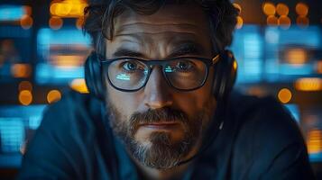 A cybersecurity expert monitoring a high-tech control room with digital security layers photo