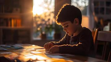 boy working with flashcards in language learning corner, warm light photo