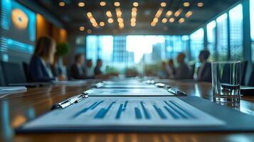 Dynamic presentation in a corporate boardroom, executives discussing business growth, high-energy environment photo