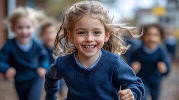 Energetic pupils sprinting outside near swings and slides with bright expressions photo
