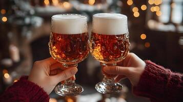A close-up of beer glasses clinking together in a festive bar setting photo