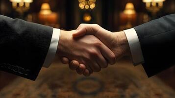Business partners negotiating a contract, close-up of handshake, serious and professional setting photo