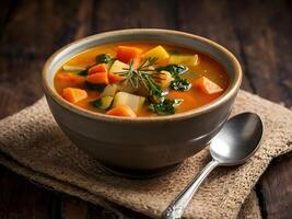 A bowl of soup with carrots, potatoes and spinach photo