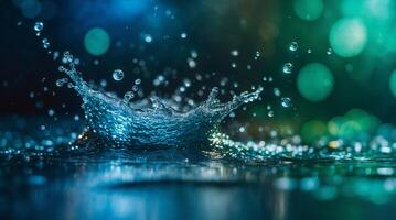 Vibrant high-speed photograph capturing a dynamic water splash with crystal-clear droplets suspended in mid-air photo