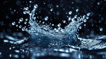 High-speed close-up shot of a water splash captured against a dark background. photo
