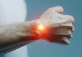 An X-ray image of a human wrist highlighting the joint area with a red glow to indicate pain. . photo