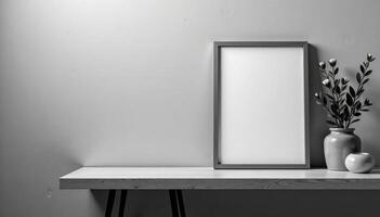 Black and white photo of a vase and a frame on a table