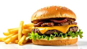 A hamburger with cheese and bacon on a white background photo