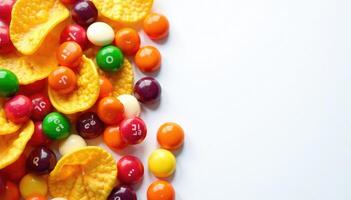 Colorful candy corn and candy corn on white background photo