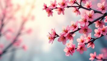 Pink flowers on a tree branch with a blurred background photo