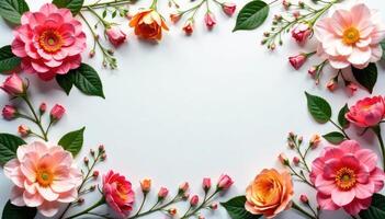 Flowers and leaves are arranged in a circle on a white background photo