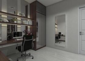 Contemporary 3D workspace interior showcasing a minimalist computer table, display racks, decorative mirror wall panels, and a storage unit. photo