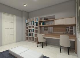 Minimalist 3D interior design of a study room featuring a wooden desk with overhead storage cabinets, mirrored panel variations, and a bookshelf. photo
