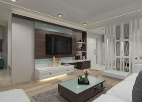 3D rendering of a contemporary TV stand featuring decorative paneling, display racks, and drawers for living room use. photo