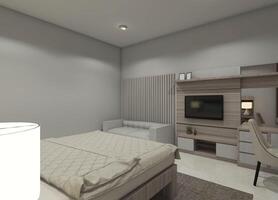 3D rendering of a minimalist TV panel and cabinet with an adjacent sofa for bedroom interiors photo