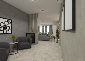 Modern 3D foyer interior featuring a sofa, a minimalist coffee table, and a drawer cabinet used as a partition. photo